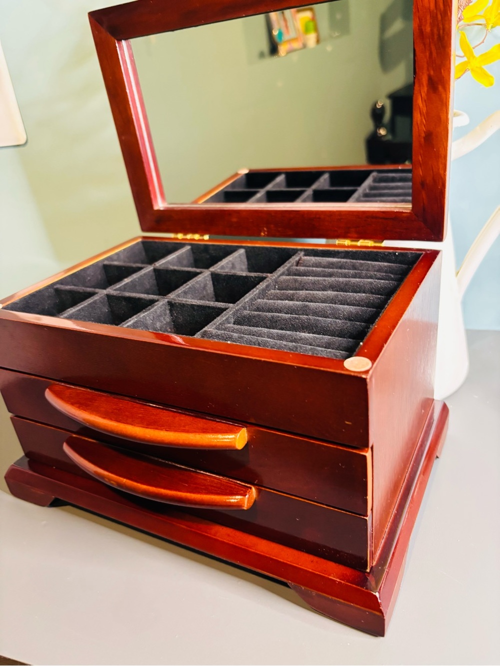 Wooden Jewelry Box with Two Drawers - Red Brown - Picture 2 of 12